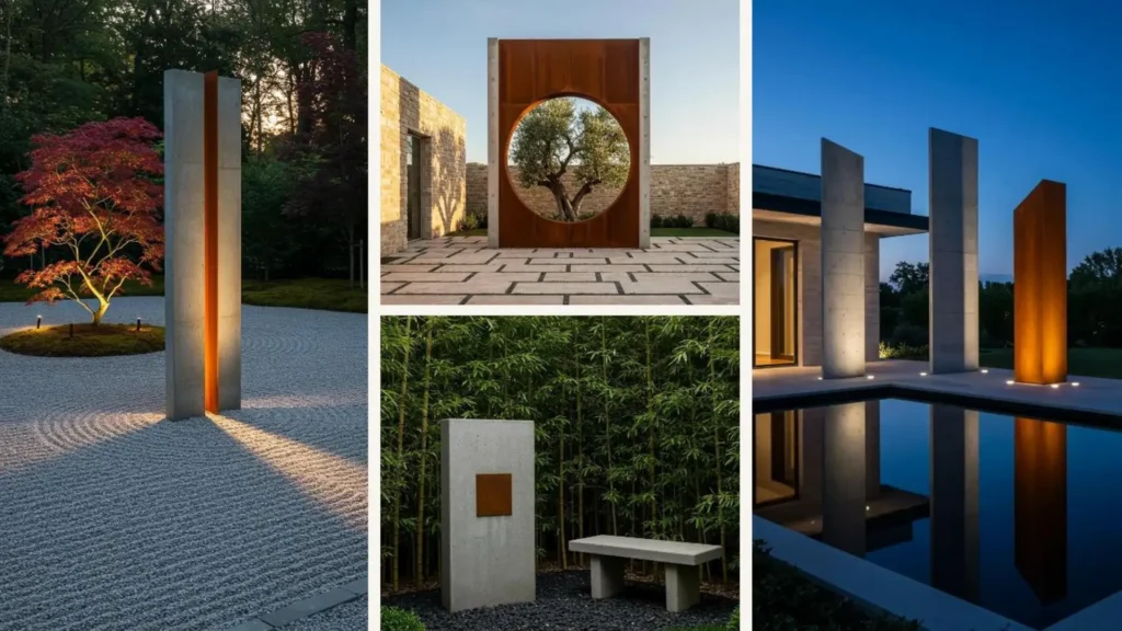 Elegante Beton- und Roststahl-Stelen als Blickfang in modern gestalteten Gärten mit Beleuchtung.