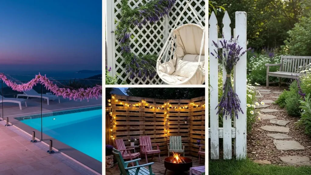 Aromatische Lavendel-Girlanden schmücken Zäune und Gartenszenen, ideal zum Selberbinden für DIY-Gartendeko.