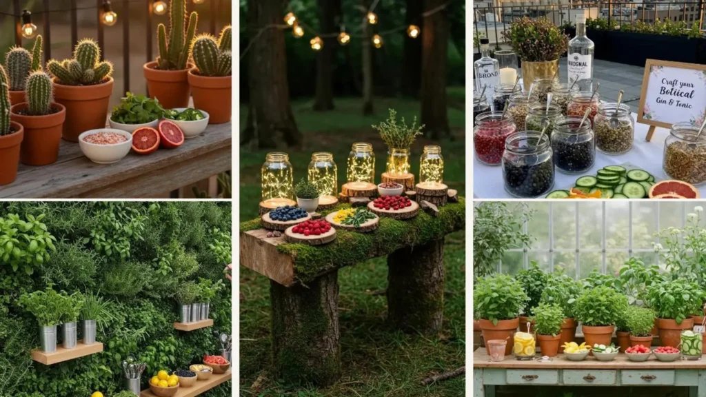 Mehrere botanische Cocktail-Garnierstationen als Party-Deko mit frischen Kräutern, Früchten und Pflanzen in natürlicher Umgebung.