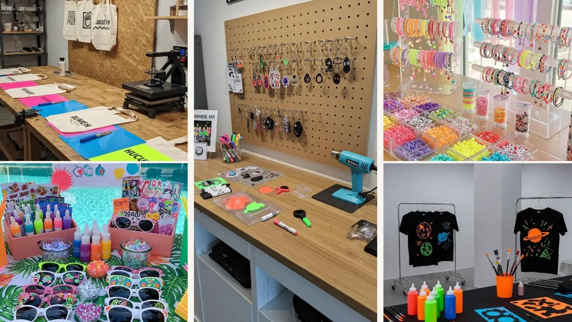 Mehrere neonfarbene Bastelstationen für Kindergeburtstage mit T-Shirt-Bemalen, Armbändern und Schlüsselanhängern, ideal zum Mitnehmen.