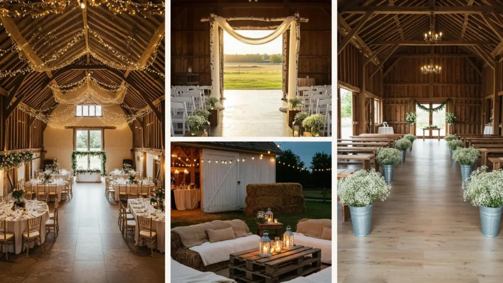 Wunderschöne rustikale Holz- und Jute-Dekoideen für Scheunenhochzeiten mit festlicher Beleuchtung und floralen Akzenten.