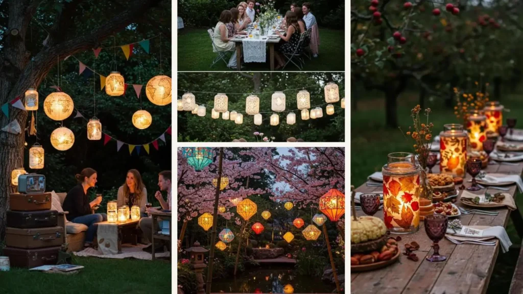 Zauberhafte DIY-Laternen beleuchten eine romantische Abendfeier im Freien, mit hängenden Lichtern und gemütlicher Tischdeko.