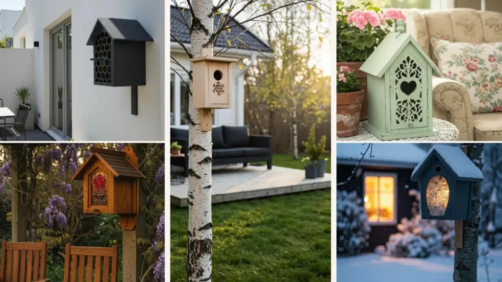 Collage: 18 DIY-Nistkästen mit vorgestanzten Musterfenstern in idyllischen Gärten. Perfekt für Gartendeko und Heimwerken.