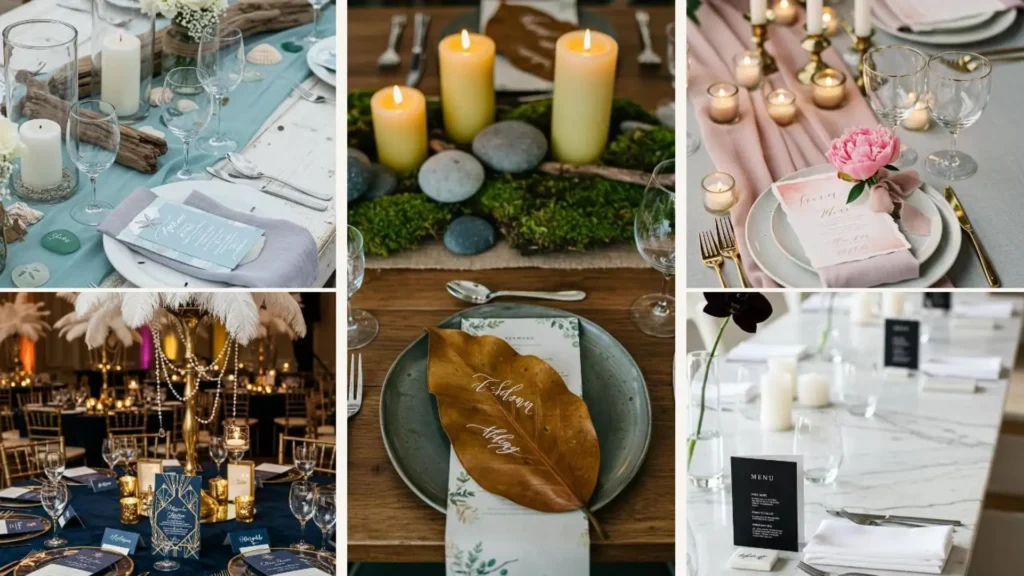 Verschiedene elegante Menükarten-Designs und passende Platzkarten auf stilvoll dekorierten Tischen für Feinschmecker-Events.