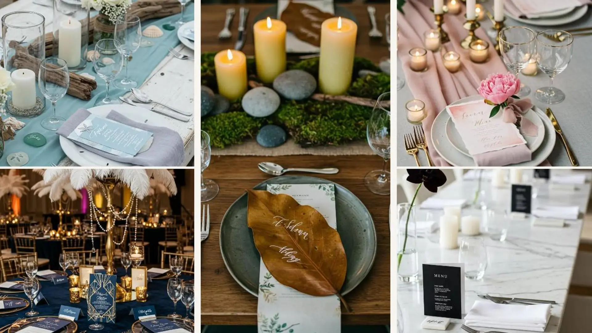 Verschiedene elegante Menükarten-Designs und passende Platzkarten auf stilvoll dekorierten Tischen für Feinschmecker-Events.