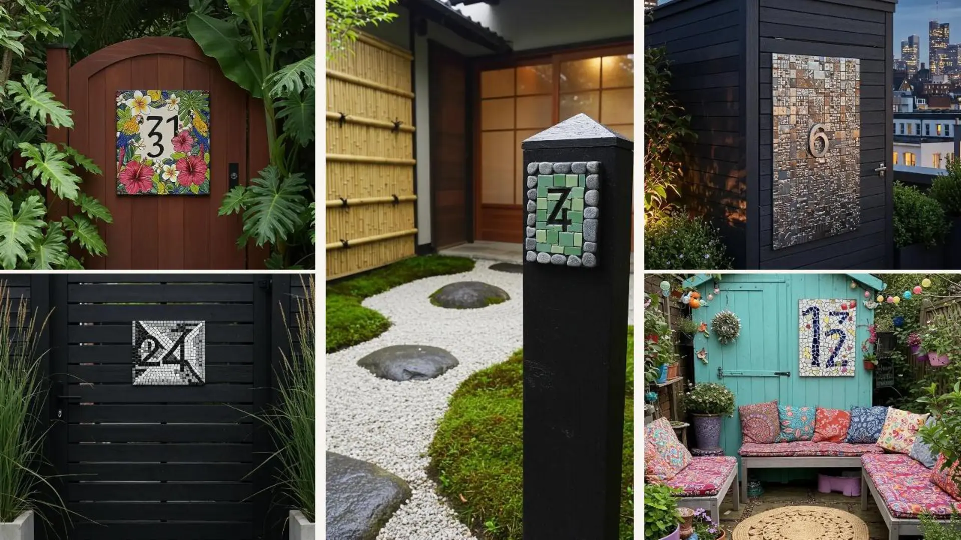 Einzigartige Keramik-Mosaik-Hausnummern schmücken Gartenhäuschen, Holztore und Eingangsbereiche. Vielfältige DIY-Gartendekoration.