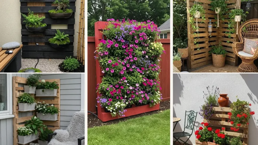Verschiedene kreative Paletten-Hängepflanzenwände für den Garten, einige mit cleveren Bewässerungssystemen und versteckter Gießflasche.