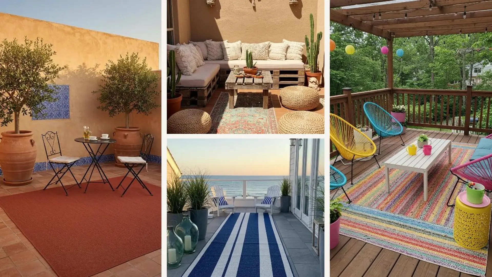 Verschiedene Terrassen mit stilvollen, geflochtenen Teppichen aus recyceltem Kunststoff, die Gemütlichkeit schaffen.