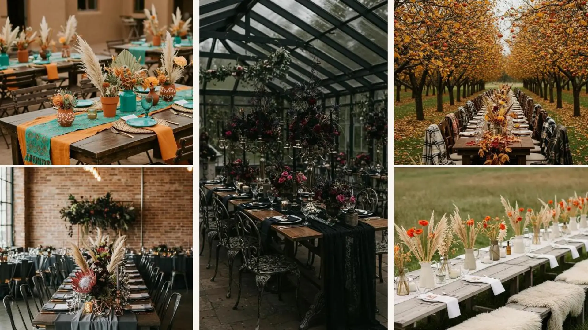 Verschiedene zauberhafte Trockenblumen-Tischarrangements für Boho-Hochzeiten, darunter Pampa-Gras und herbstliche Dekorationen.