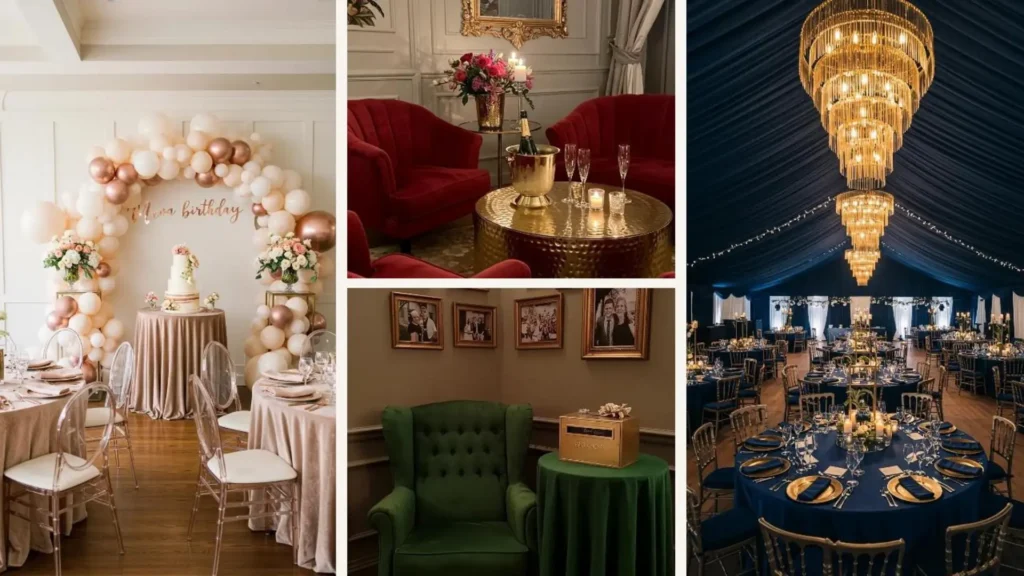 Gold- und Samtakzente für königliche Geburtstagsempfänge: elegante goldene Tische, Samtsessel und luxuriöse Festdekorationen.