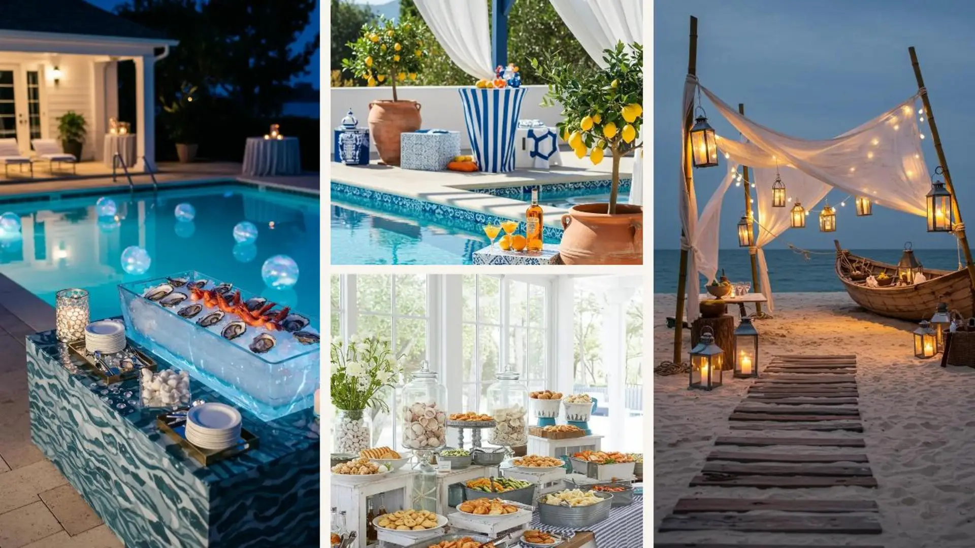 Vielfältige maritime Deko-Ideen für Pool- und Strandpartys, inklusive leuchtender Pools, rustikaler Strand-Sets und festlicher Buffets.