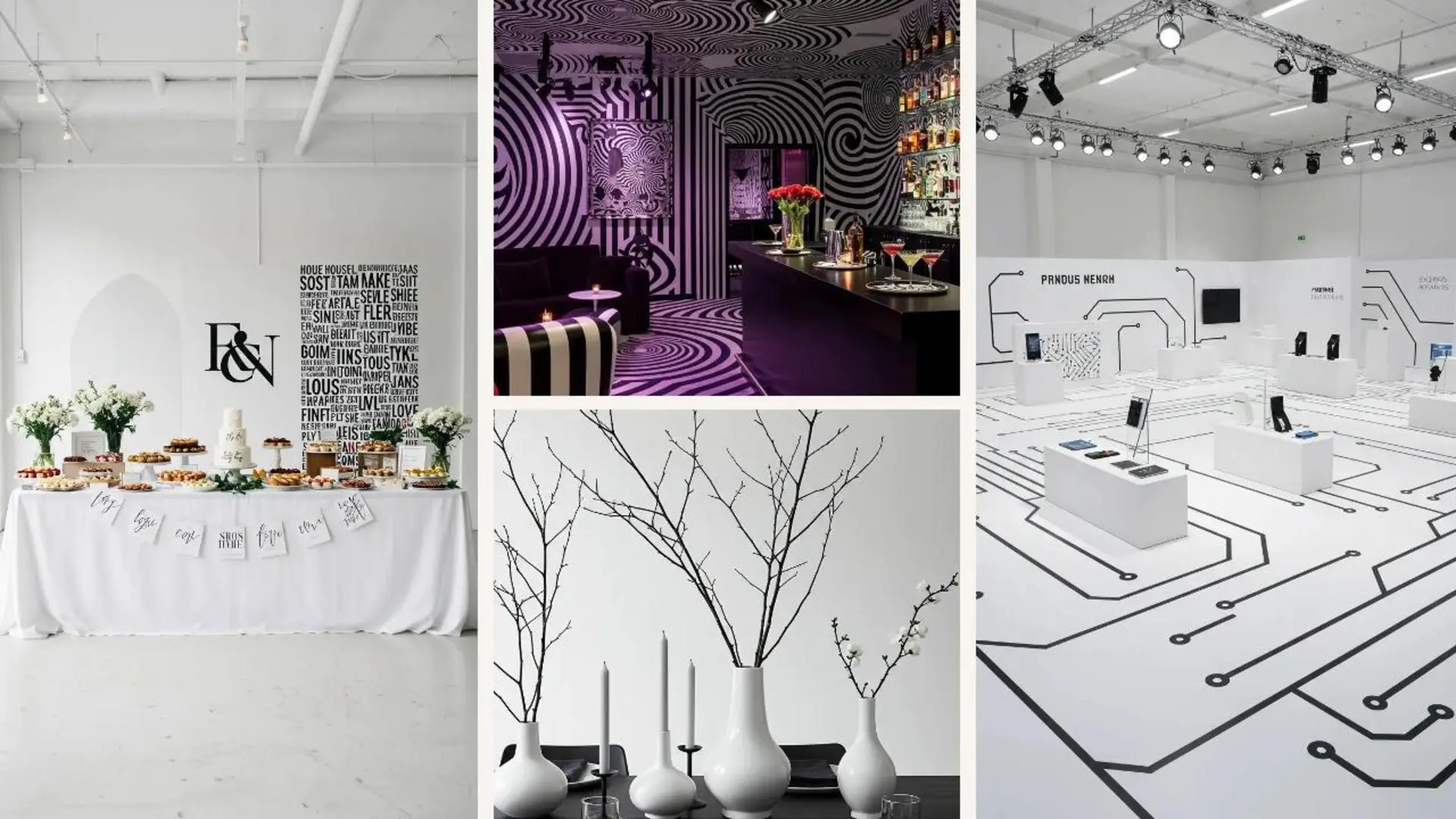Inspirierende monochrome schwarz-weiße Partydeko mit grafischen Mustern und eleganten Details für ein modernes Event.