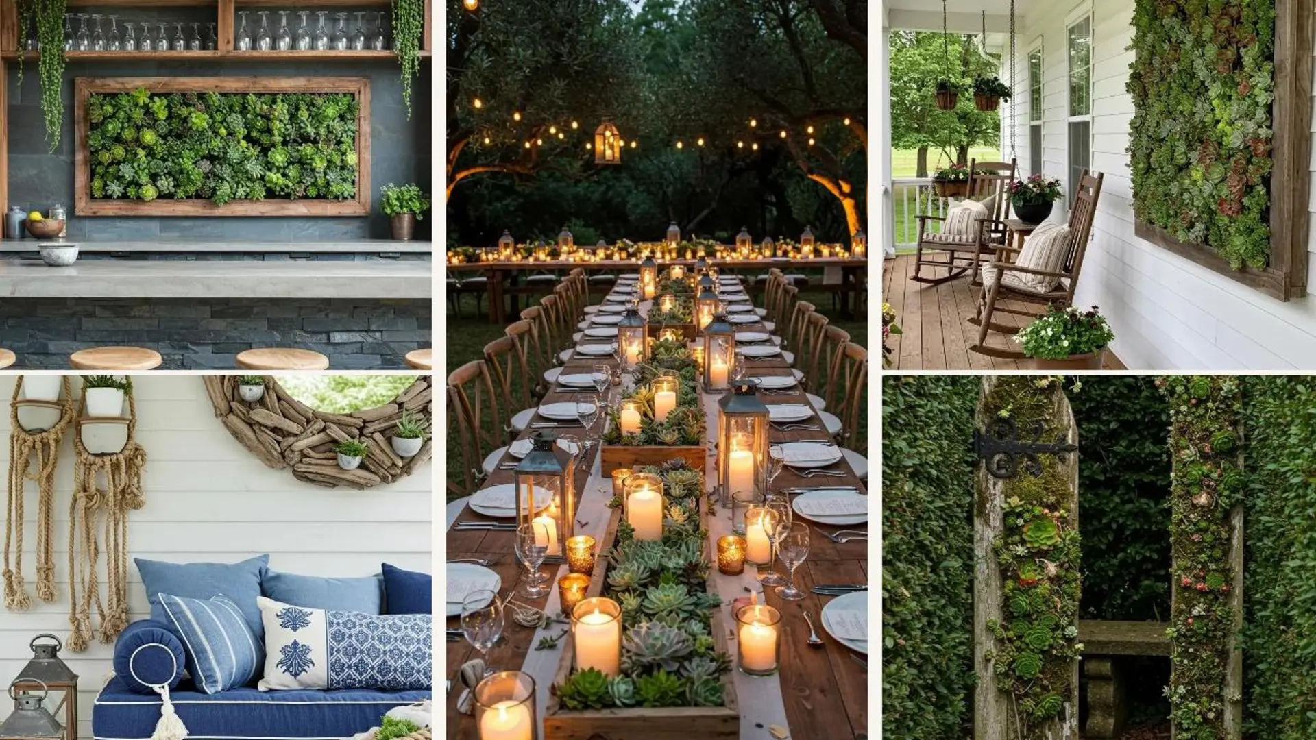 Mehrere rustikale Wanduhren, verziert mit lebenden Sukkulenten, hängen in dekorativen Bilderrahmen an einer Wand.