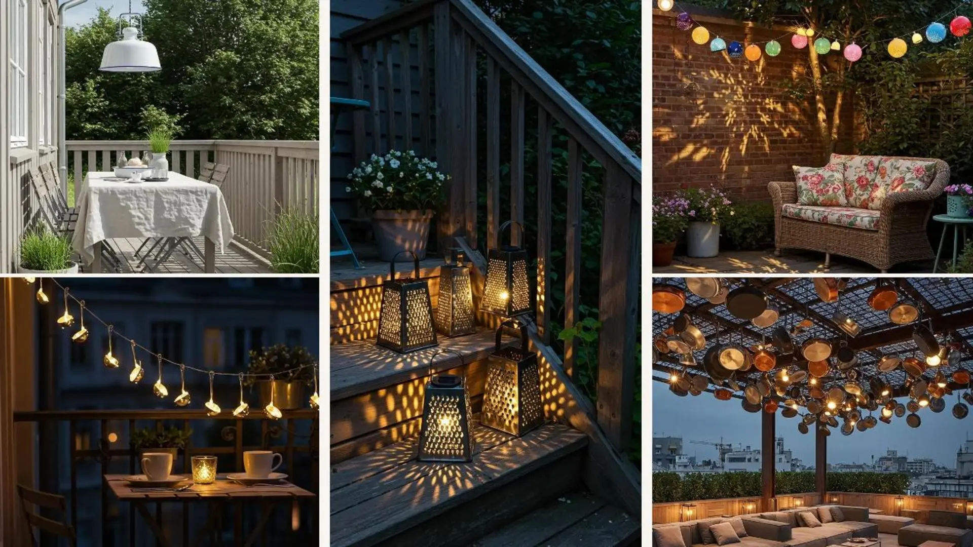Originelle Terrassenbeleuchtung aus upgecycelten Pfannen auf einer Dachterrasse, ideal für DIY-Garten- und Heimwerkerprojekte.