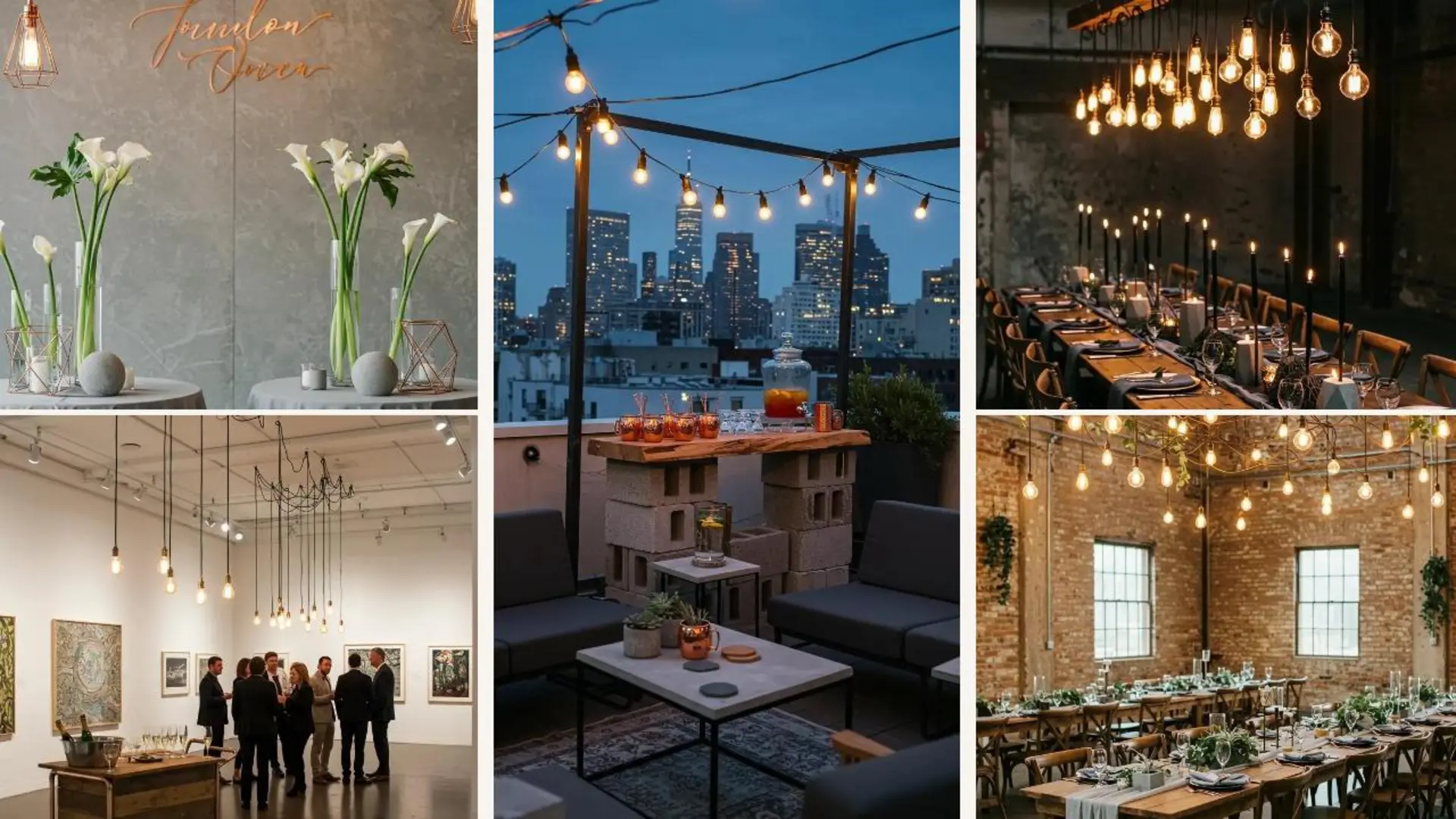Urban-industrielle Deko: Zahlreiche glühende Edison-Lampen, Beton-Tische und kupferne Details schaffen ein cooles Party-Ambiente.