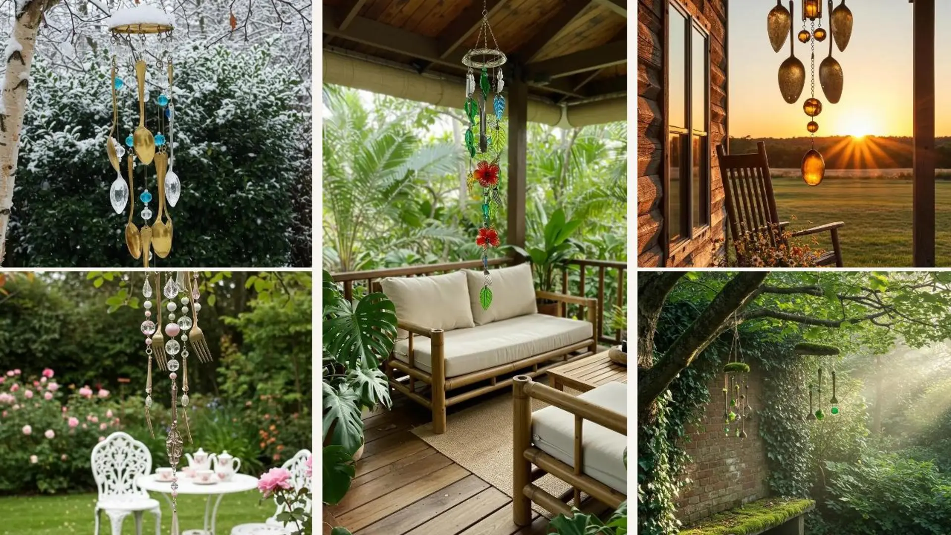 DIY Windspiel aus Messingbesteck und Glasperlen hängt an einem Baum, inspiriert 19 kreative mobile Ideen.