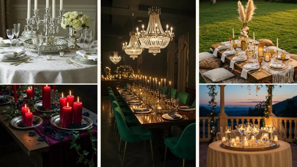 Elegantes Dinner mit glamourösen Kerzen- und Spiegel-Sets, die eine festliche und luxuriöse Atmosphäre schaffen.