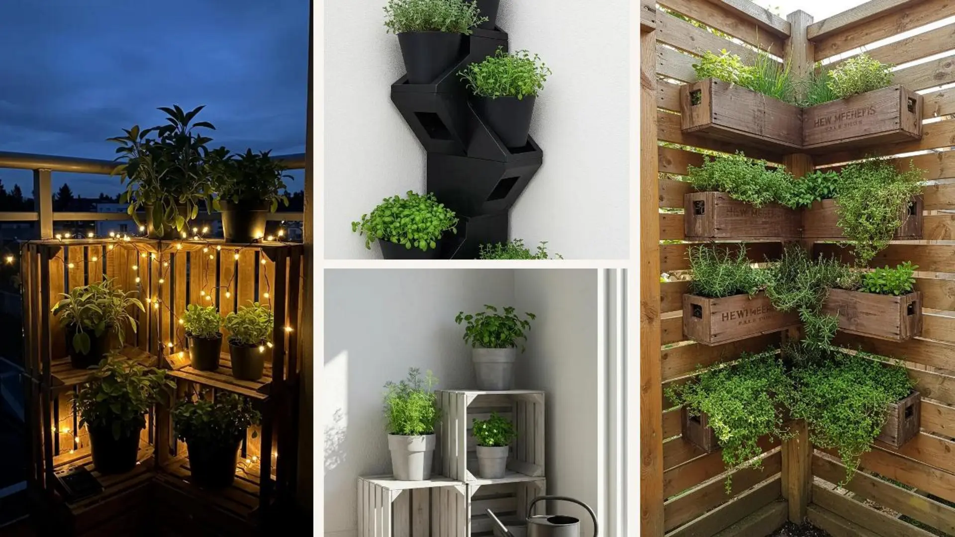 DIY-Kräuterregale aus Bierkisten in einer sonnigen Ecknische, ideal für Garten und Balkon.