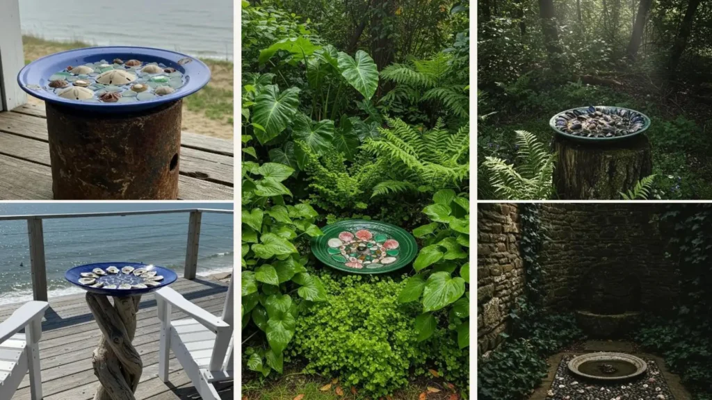 Muschel-Mosaik-Vogeltränken aus alten Tellern in Gärten und am Strand, perfekt für DIY-Gartendeko.