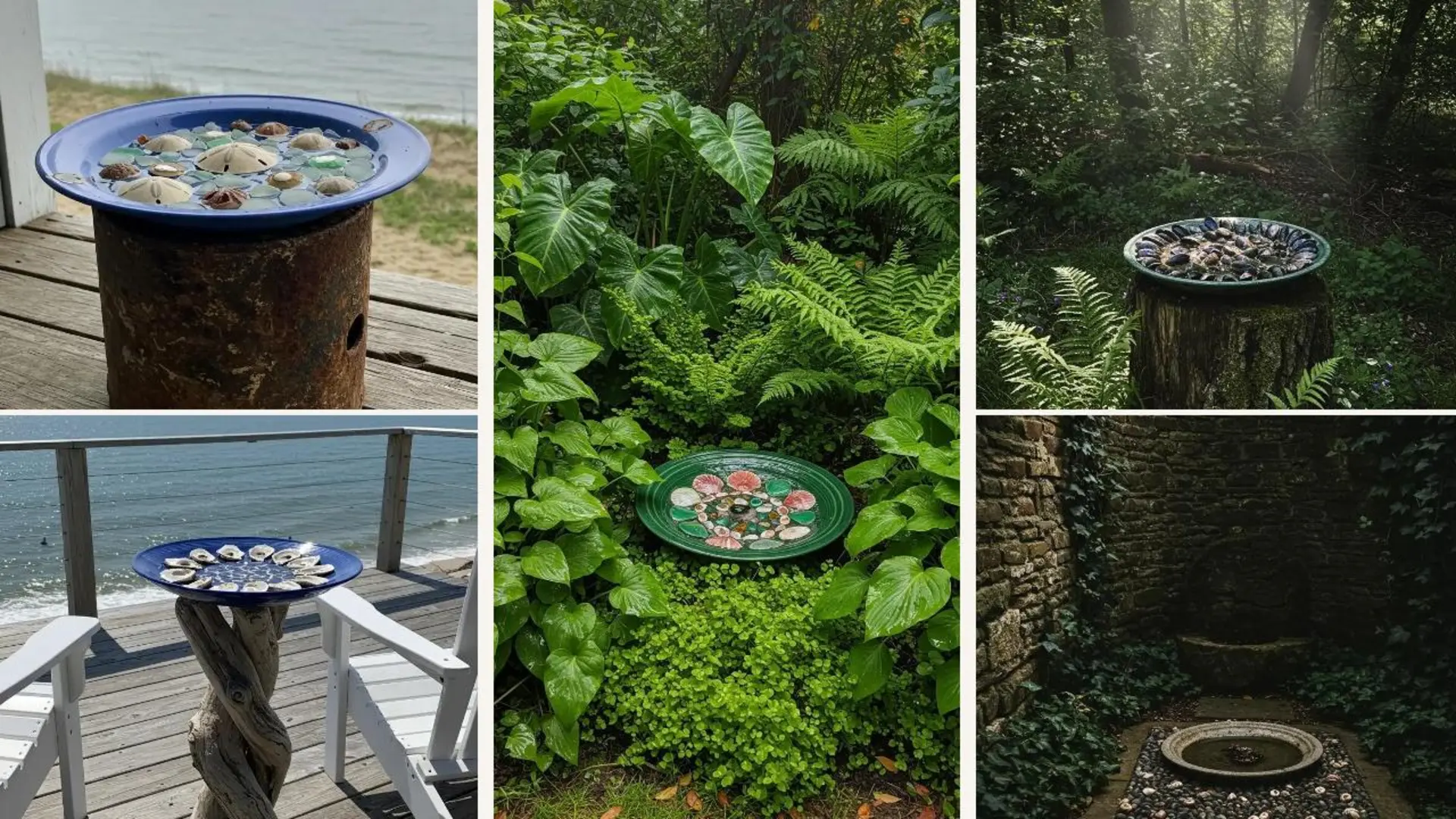 Muschel-Mosaik-Vogeltränken aus alten Tellern in Gärten und am Strand, perfekt für DIY-Gartendeko.