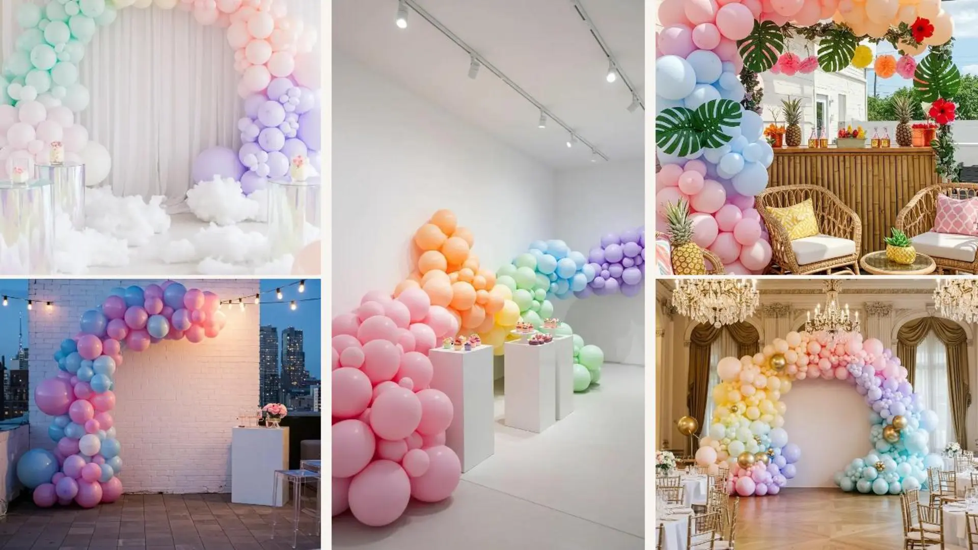 Pastellfarbener Regenbogen-Ballonbogen für eine Gender-Reveal-Party. Perfekte Deko-Idee.