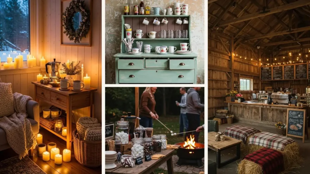 Rustikale und charmante Kaffeebar-Setups für Nachmittagspartys, inklusive gemütlicher Ecken, Vintage-Möbel und Scheunen-Cafés.