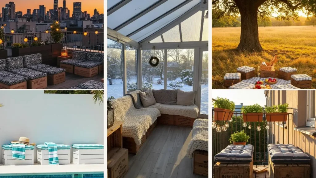 DIY Sitzkissen-Boxen aus alten Weinkisten mit Stoffbezug, gemütlich arrangiert auf Terrasse, Balkon oder im Wintergarten.