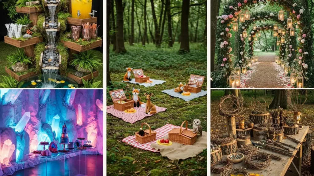 Wunderschöne Märchenwald-Partyideen für Kindergeburtstage, inklusive Wald-Picknick, Blumenbogen und magischer Kristallhöhle.
