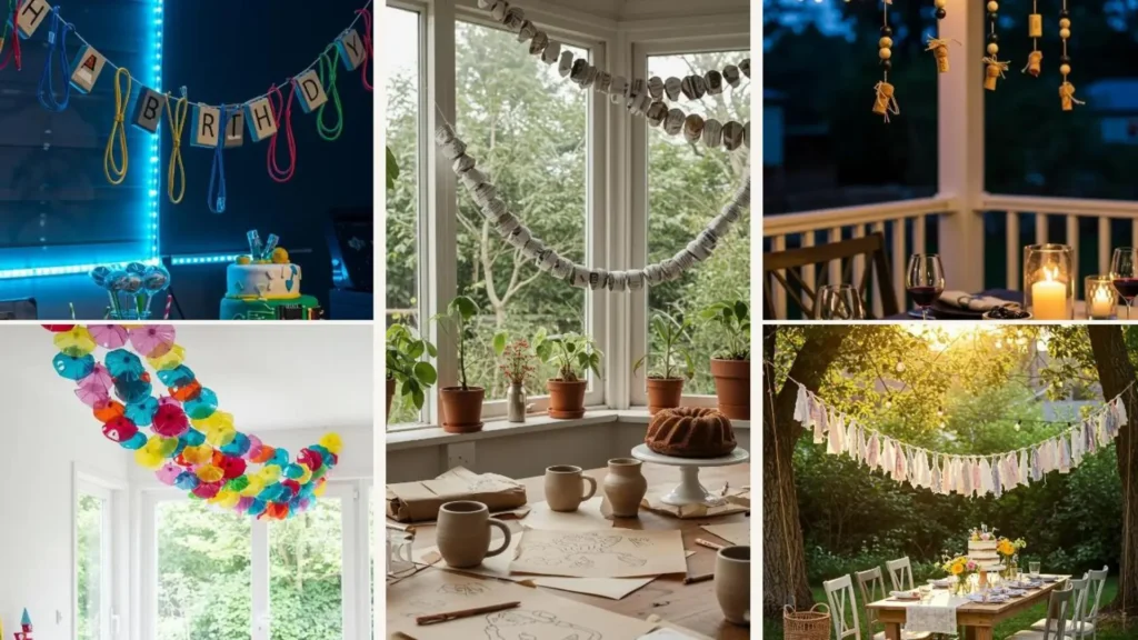 Kreative Upcycling-Girlanden aus verschiedenen Materialien für nachhaltige Geburtstagsfeiern, inspirierend für DIY-Partydeko.