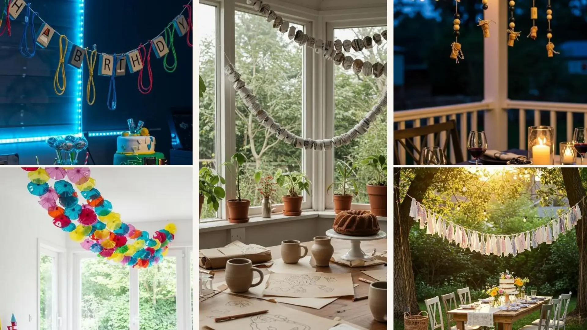 Kreative Upcycling-Girlanden aus verschiedenen Materialien für nachhaltige Geburtstagsfeiern, inspirierend für DIY-Partydeko.