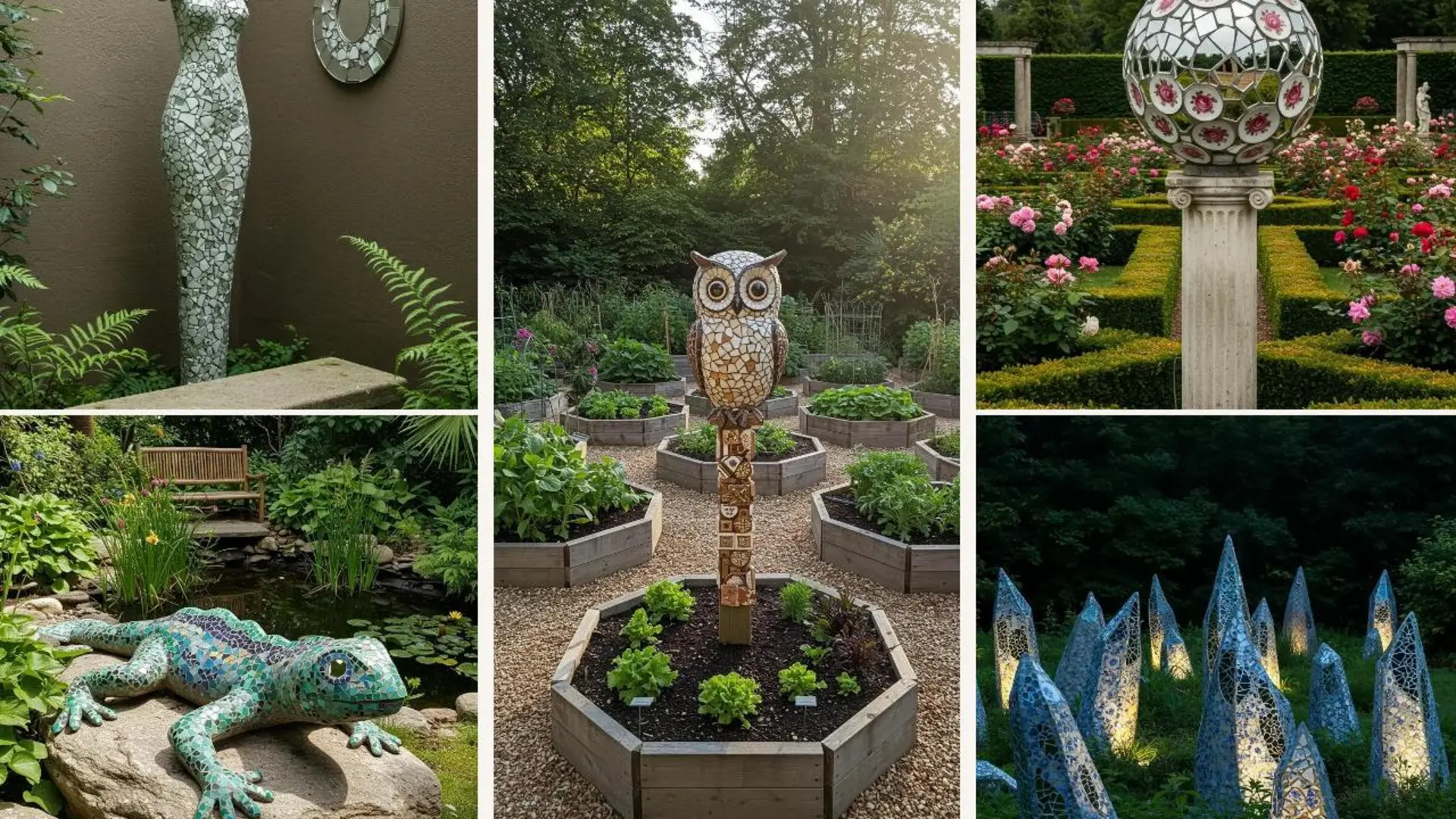 Wunderschöne Mosaik-Gartenskulpturen aus Porzellan und Spiegeln, wie Eulen und Eidechsen, schmücken eine grüne Oase.