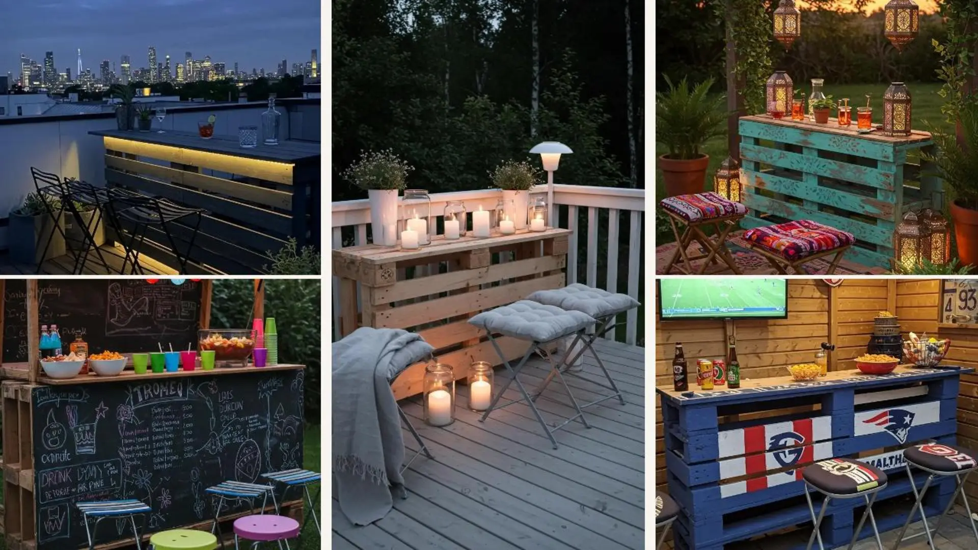 Gemütliche Paletten-Gartenbar mit Klapphockern für entspannte Sommerabende im Freien.