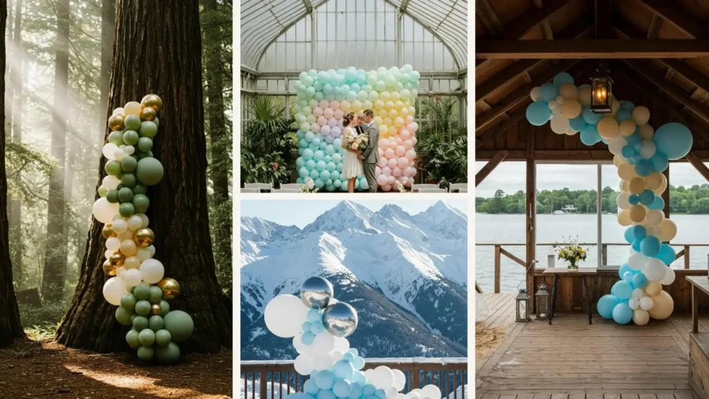 Paar küsst sich romantisch vor einer Wand aus pastellfarbenen Ballons, ideale Elopement-Dekoration für Zeremonien.