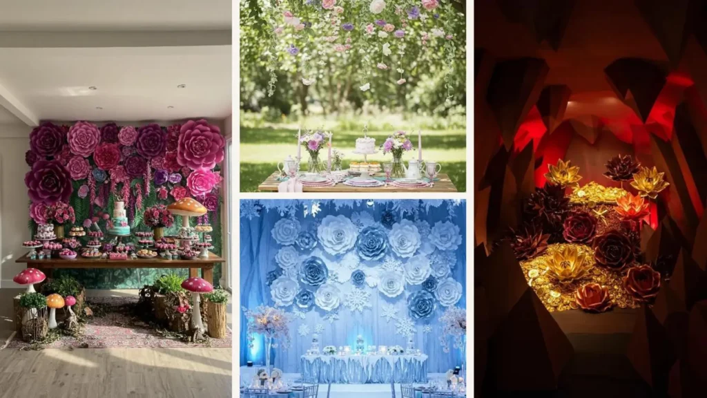 Bunte Papierblumen-Installation als Hintergrund für eine Kinder-Mottoparty mit Desserts und Pilzdekorationen.