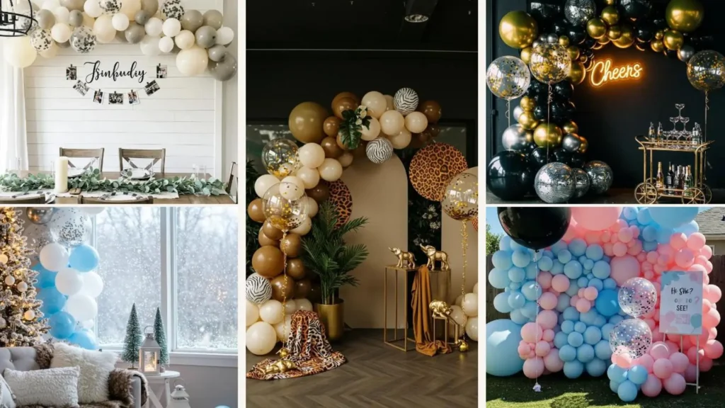 Mehrere kreative DIY Konfetti-Balloninstallationen, ideal als farbenfrohe Fotowände für unvergessliche Partybilder.