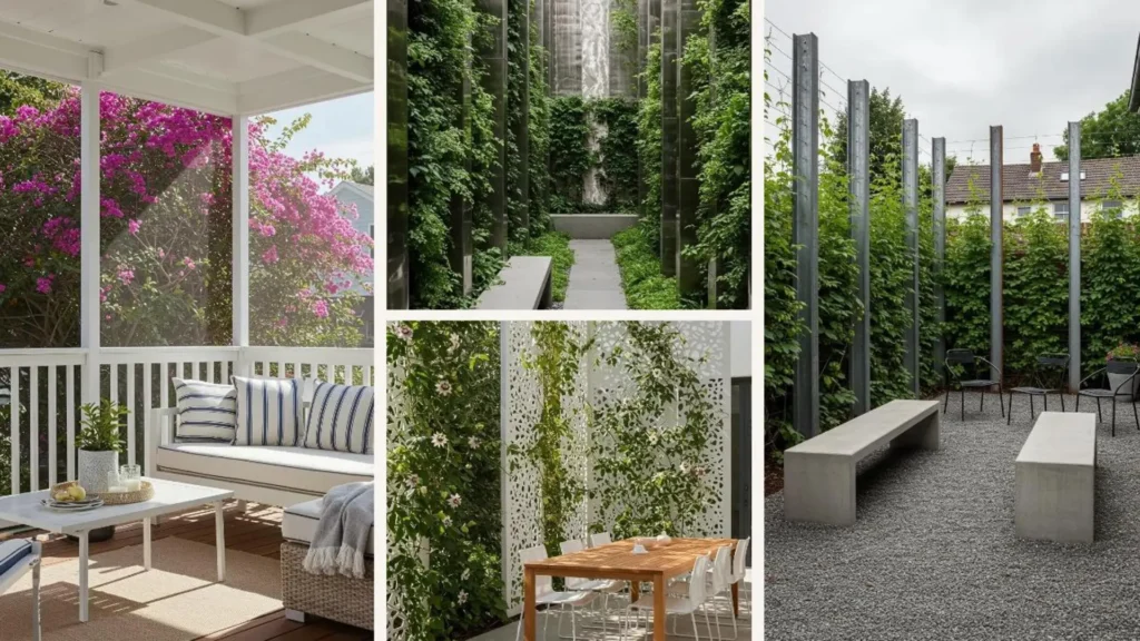 Moderne Gartengestaltung mit Metall-Säulen und Pflanzenranken als stilvolle Sichtschutzwand für Garten und Terrasse.