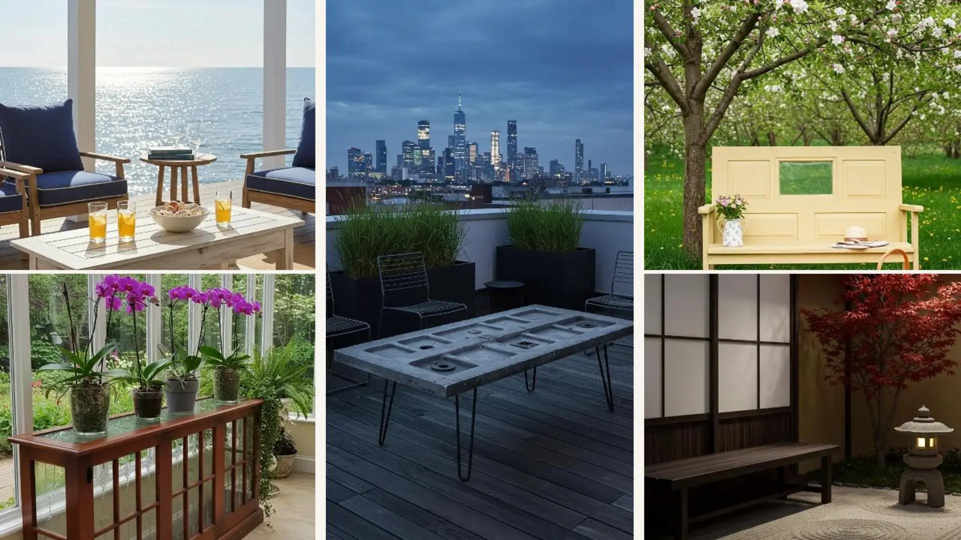 Tisch aus recycelter Haustür auf Dachterrasse, umgeben von Pflanzen. Kreative DIY-Idee für Gartendeko & Möbel.