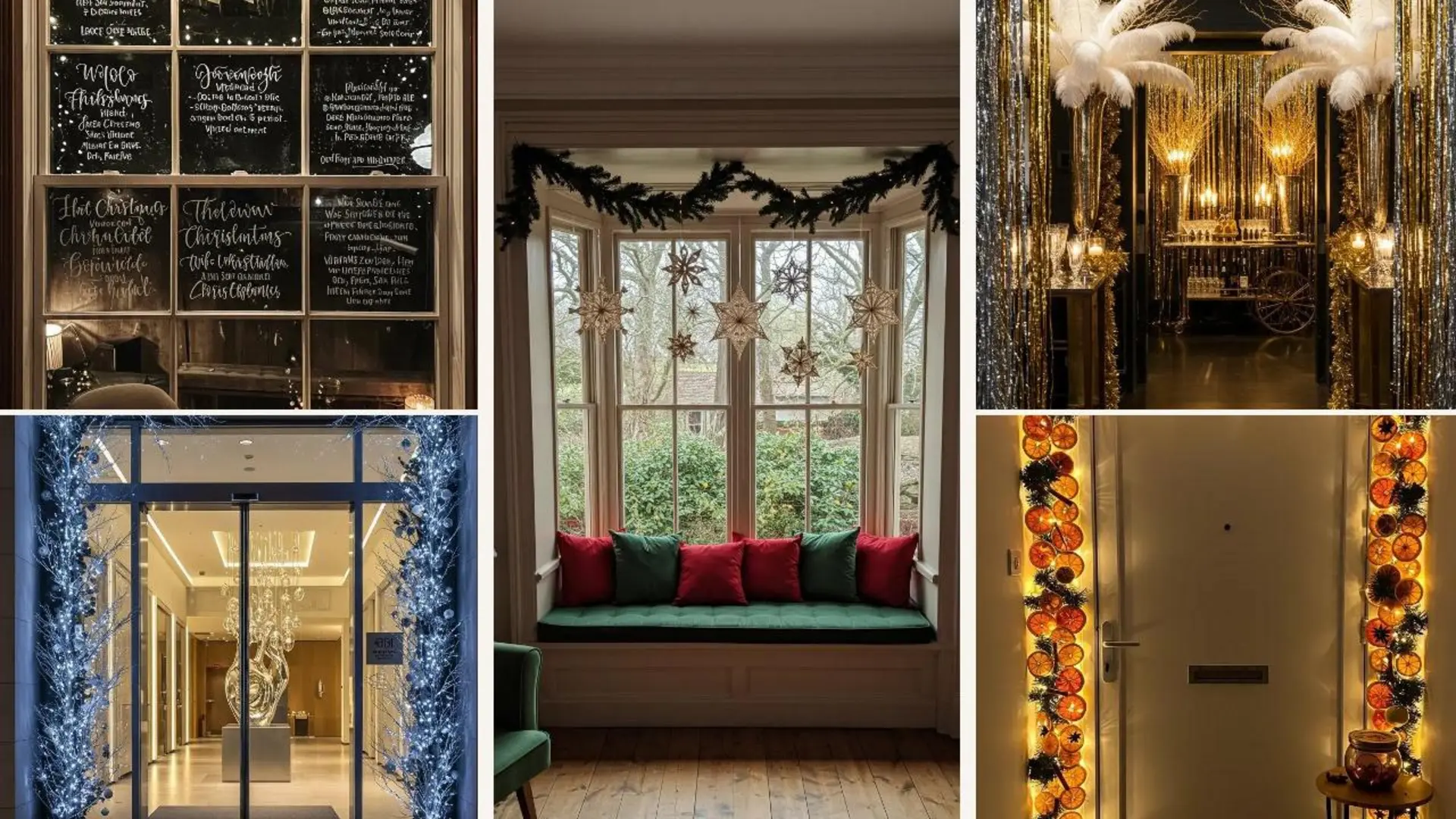 Festliche Weihnachtsdekorationen: ein beleuchtetes Fenster, ein festlicher Eingang und DIY-Ideen für Empfänge.