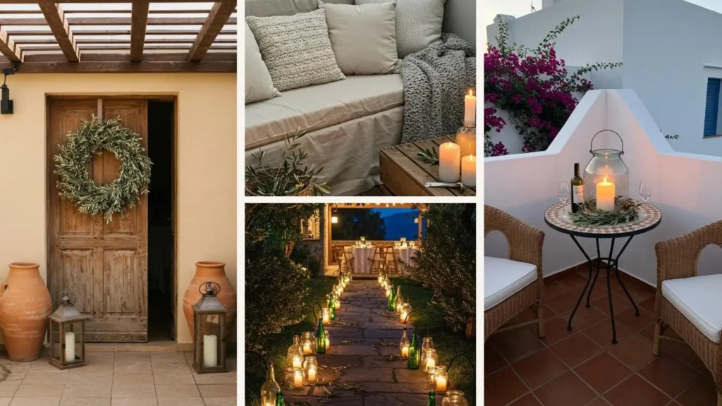 Eine Collage mediterraner Terrassendekoideen mit Olivenzweigen, brennenden Kerzen und gemütlichen Außenbereichen für ein warmes Ambiente.