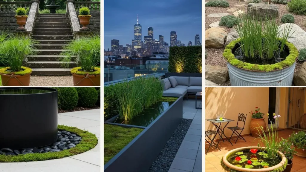 Kreative Mini-Teiche im Eimerstil mit Sumpfpflanzen und grünem Moosrand, ideal für DIY Gartendekoration.