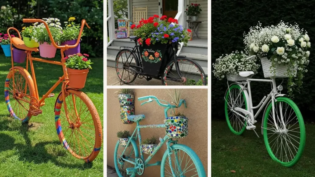 Kreative Upcycling-Fahrrad-Pflanzgefäße mit bunten Reifen und Blumen als charmante Gartendeko für den Außenbereich.