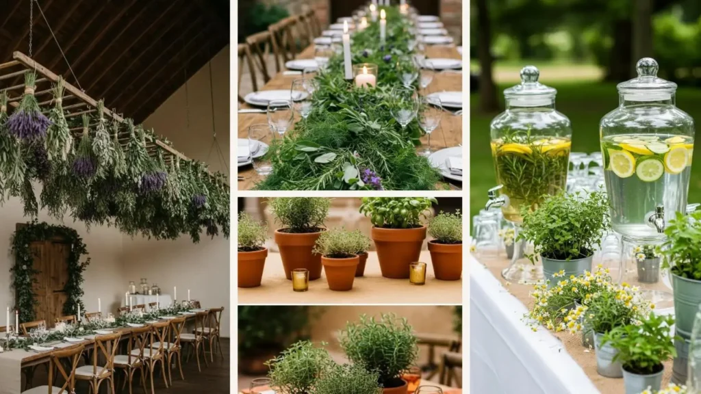 Botanische Hochzeitstafeldekoration mit hängenden Kräutern, grünen Tischläufern und erfrischenden Getränken für eine naturverbundene Feier.