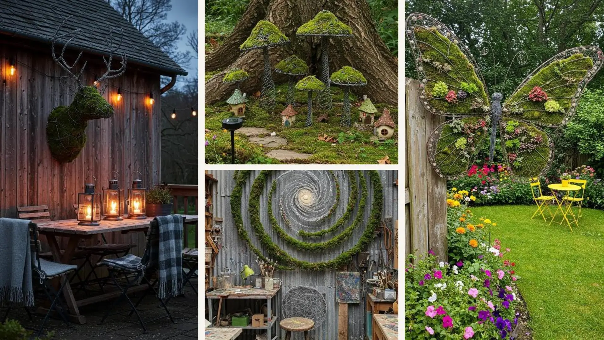 Kreative Drahtskulpturen mit Moosfüllung, darunter ein Hirschkopf, Pilze und ein Schmetterling, als grüne Gartendeko.