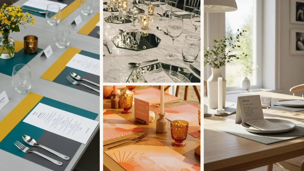 Moderne Dinnerparty-Tische mit geometrischen Tischsets und Menükarten, stilvoll dekoriert für Gäste.