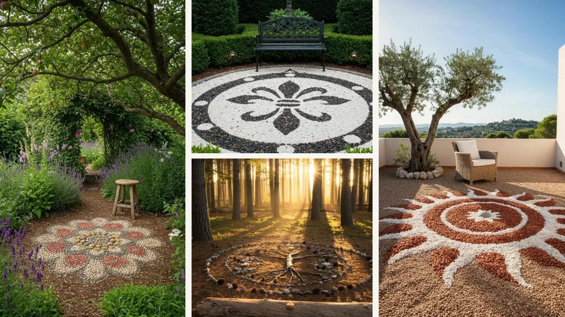 Vielfältige, kunstvolle Kiesel-Mandalas im Garten, ideal für DIY-Meditationsplätze und Gartengestaltung.