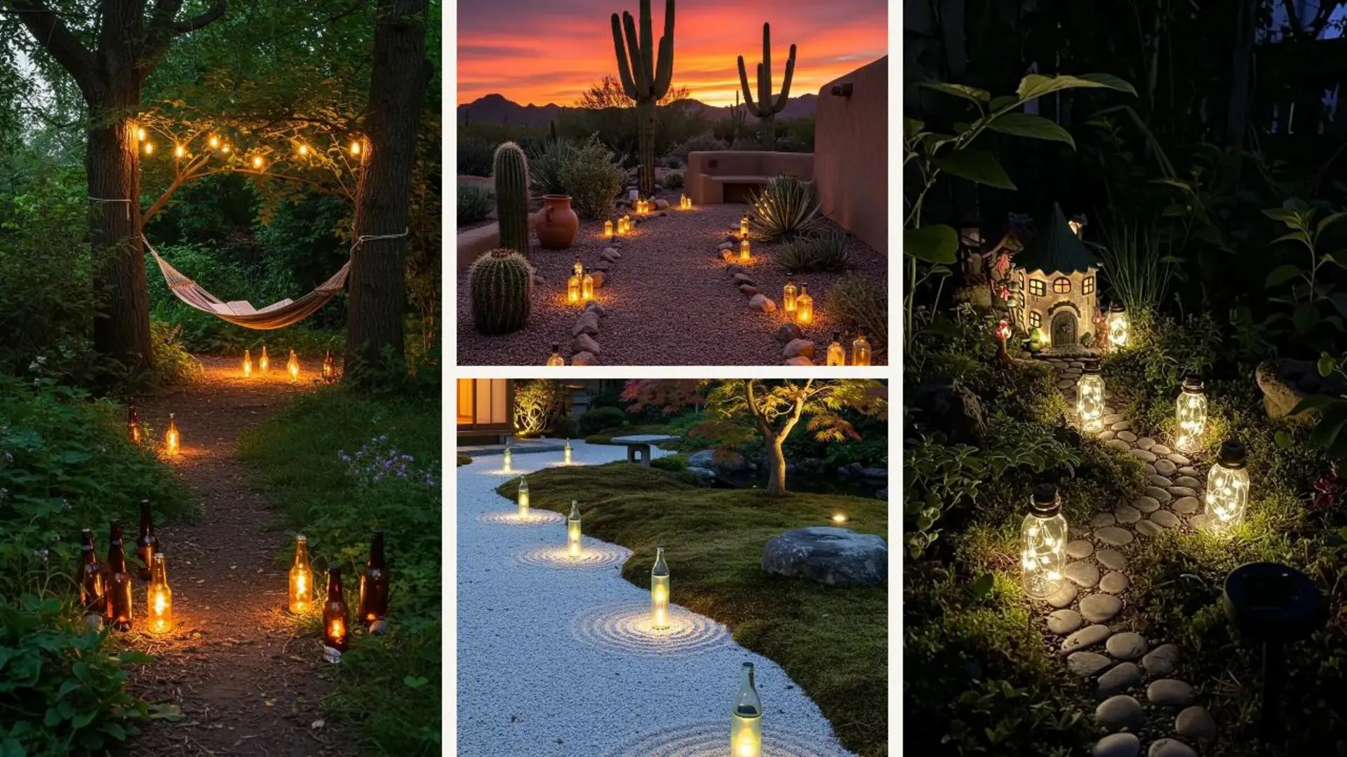 Diverse DIY Solar-Flaschenlichter aus Altglas erhellen charmant verschiedene Gartenwege bei Nacht.