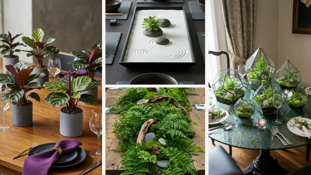Eine Collage aus urbanen Dschungel-Tischdeko-Ideen mit Pflanzen, Terrarien, Farnen und Zen-Garten für Pflanzenliebhaber.