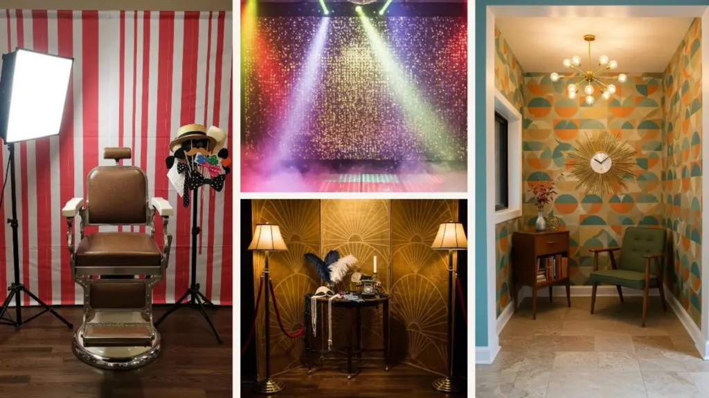 Vier verschiedene Vintage-Foto-Backdrops für Retro-Fotobooths, darunter Art Deco, Karneval, Disco und Mid-Century-Stil.