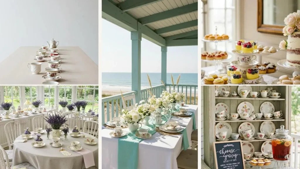 Verschiedene zarte Vintage-Teetassen-Arrangements und Dekorationen für eine stilvolle Braut-Teeparty mit blumigen Akzenten.