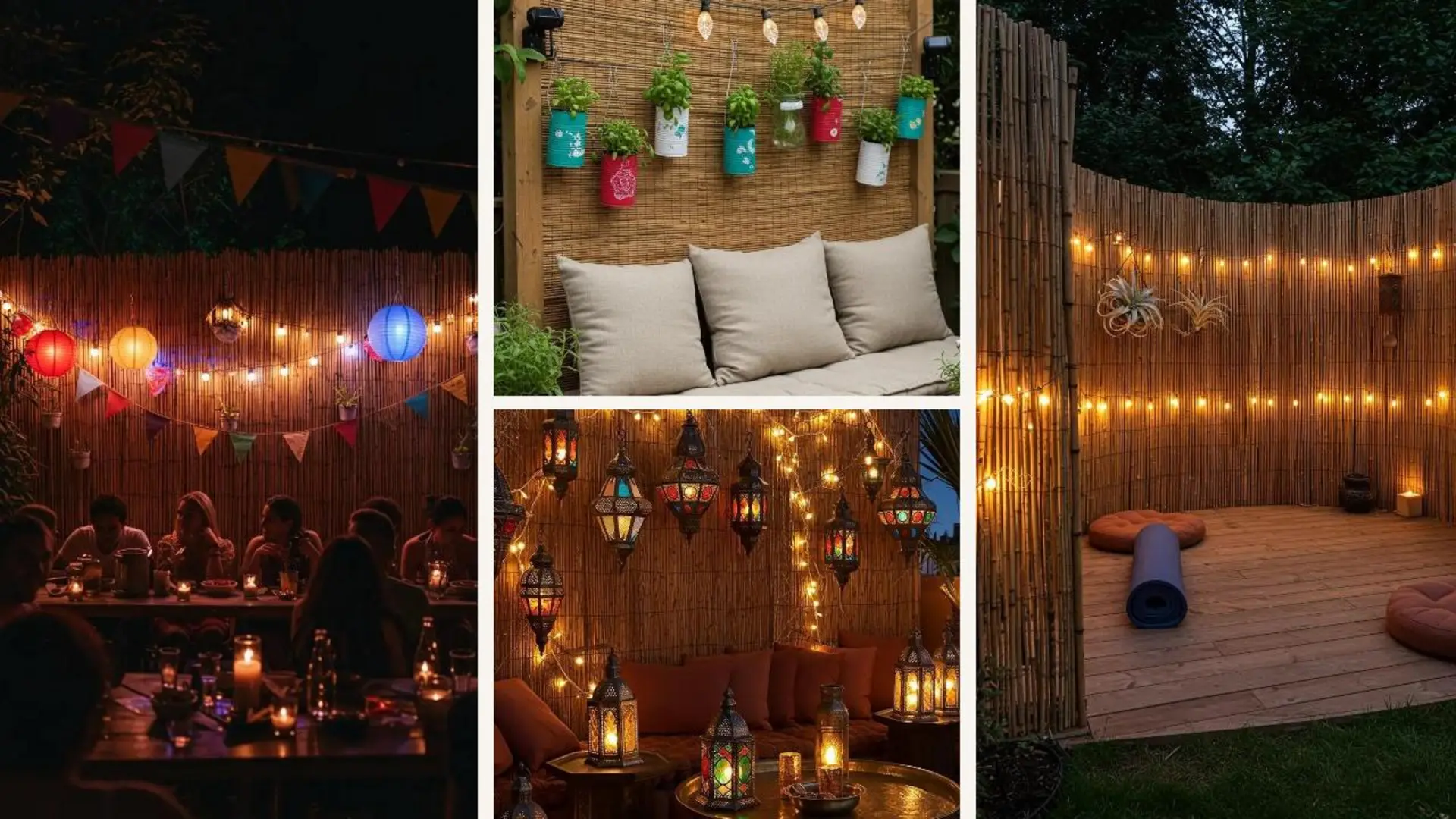 Gemütlicher Bambus-Sichtschutz mit Lichterketten und hängenden Pflanzen schafft eine entspannte Gartenatmosphäre.